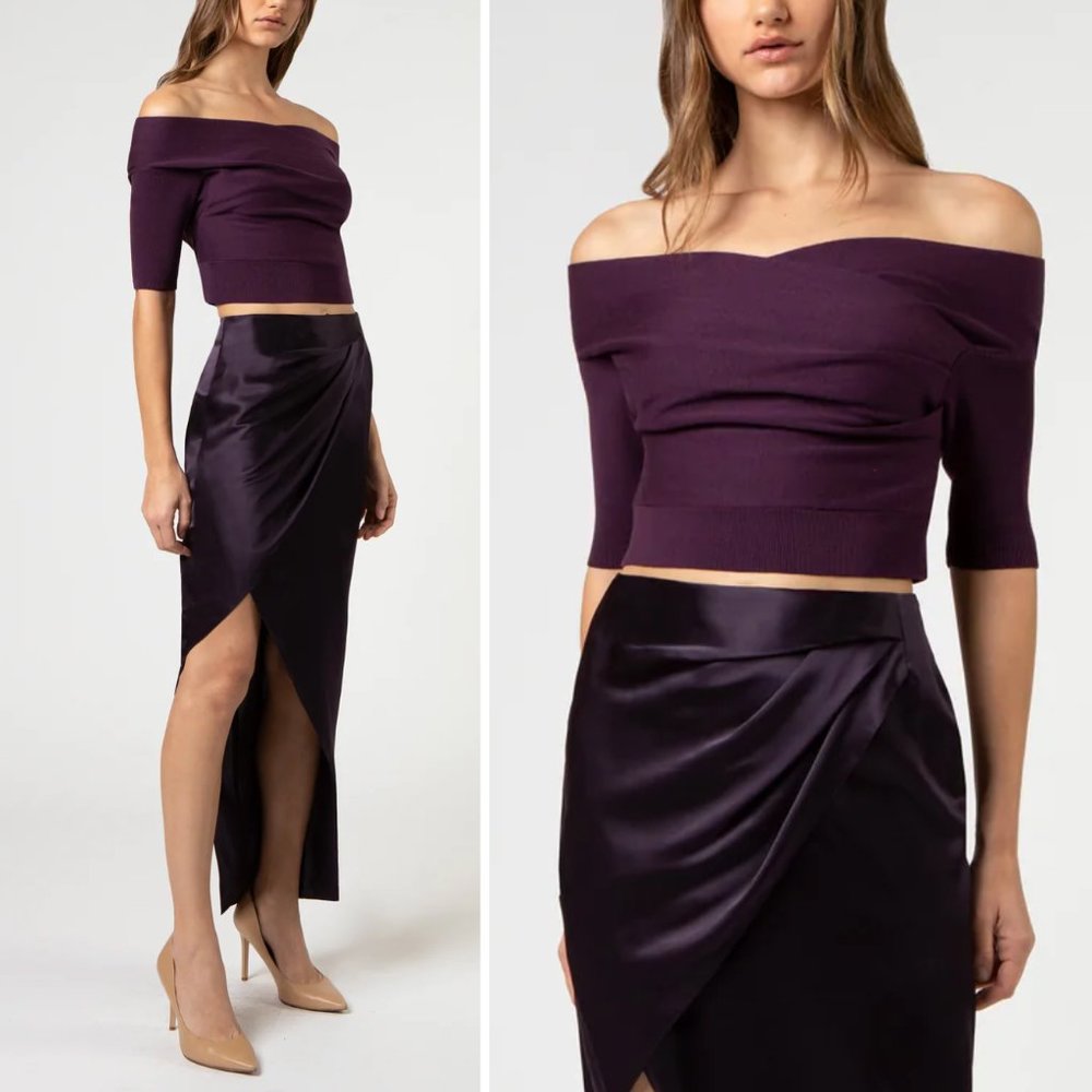 Michelle Mason Off-Shoulder Crop Knit Cashmere Blend Wrap Sweater Top Purple XS